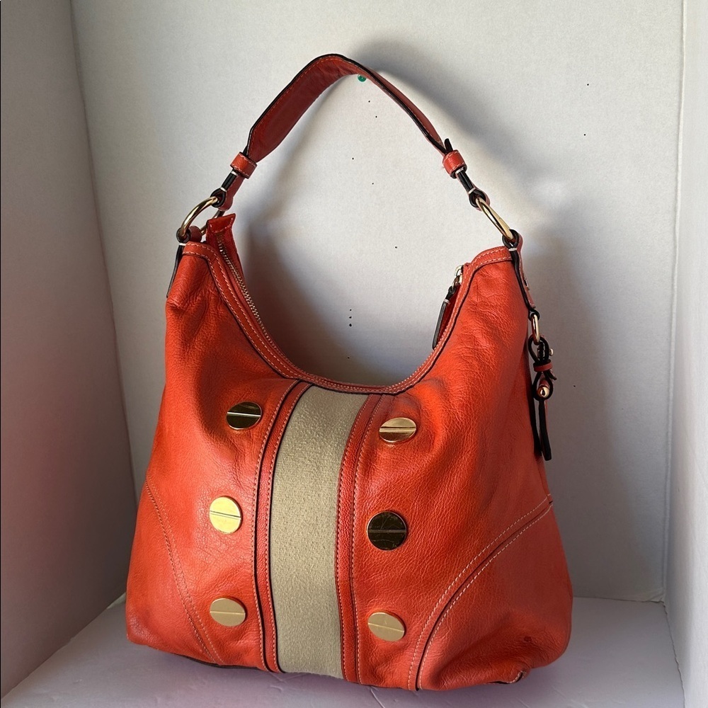 🔥 Milly Orange Coral Leather Carryall Hobo Shoulder Bag Gold Studs Suede Accent